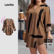 Lovito Casual Vestido Curva Plus Size Vestido Colorblock Geométrico Solto Amplo Para Mulheres LBL13296