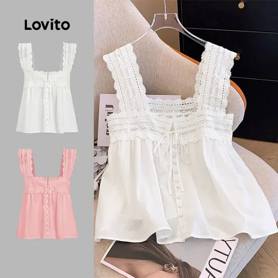 Lovito Top Boho Com Renda Lisa E Regata Verão/primavera Para Mulheres L100MD371