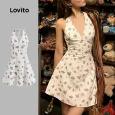 Lovito Vestido Casual Ditsy Floral Drapeado Botão Primavera E Verão Vestido Para Mulheres L125AD474