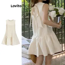 Lovito Vestido casual liso com babados e laço nas costas para mulheres L109MD174