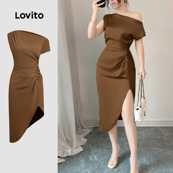 (NEW) Lovito Vestido Glamouroso Plissado com Zíper Marrom para Mulheres L155AD343