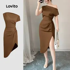 (NEW) Lovito Vestido Glamouroso Plissado com Zíper Marrom para Mulheres L155AD343