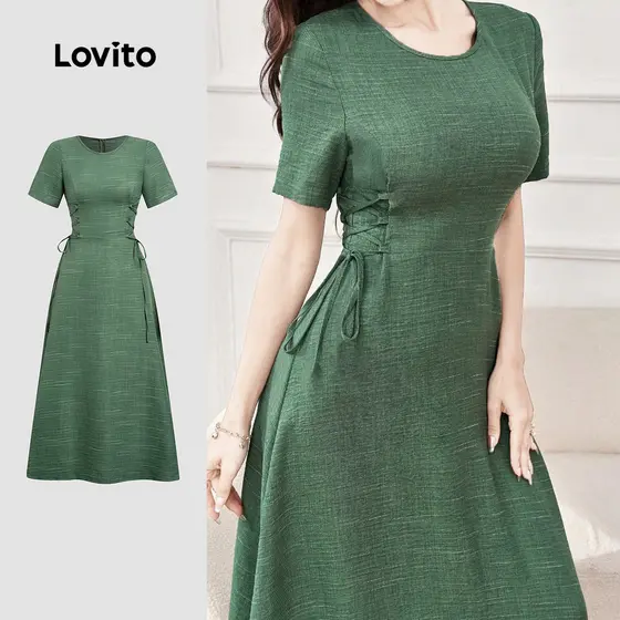 Lovito Vestido Casual de Lazer Verde para Mulheres Primavera/Verão L183AD219