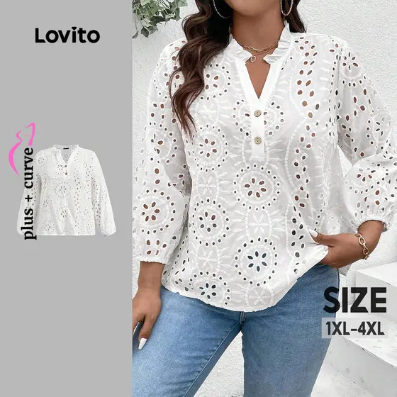 (Trendy) Lovito Blusa Plus Size Boho com ilhós lisos e botões bordados para mulheres LBL22272