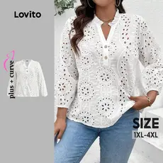 (Trendy) Lovito Blusa Plus Size Boho com ilhós lisos e botões bordados para mulheres LBL22272