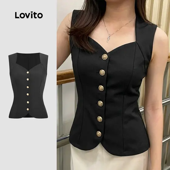 (Lovito x Ana) Blusa Elegante Botão Frontal Primavera/verão Blusa Preta para mulheres LK5LD1130