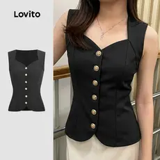 (Lovito x Ana) Blusa Elegante Botão Frontal Primavera/verão Blusa Preta para mulheres LK5LD1130