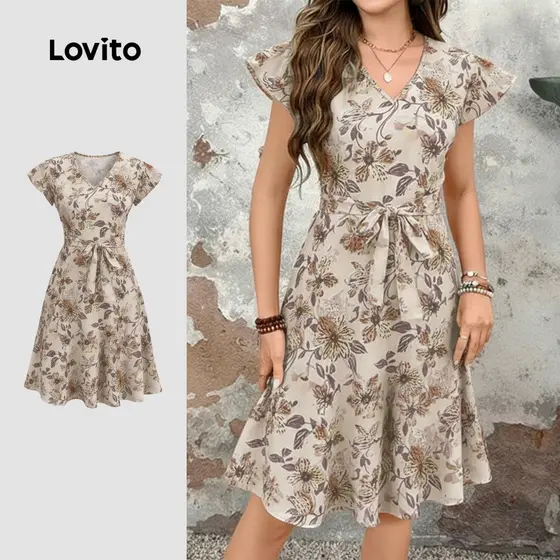 Lovito Vestido Boho com cinto vestido primavera/verão para mulheres LK3ED1928