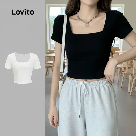 Lovito Blusa Feminina Básica Lisa com Gola Quadrada Casual Multicolorida LNE11006