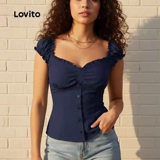 Lovito Blusa Elegante de Botão Frente Primavera/verão Blusa Marinho para Mulheres L154LD374\6