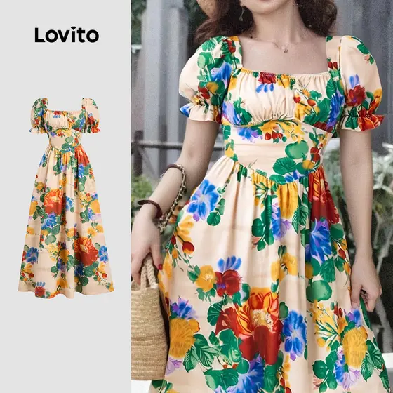 Lovito Elegante Estrutura Floral Linha Cruzada Primavera/Verão Vestido Multicolorido Para Mulheres L134LD202