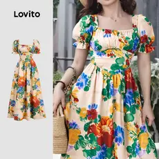 Lovito Elegante Estrutura Floral Linha Cruzada Primavera/Verão Vestido Multicolorido Para Mulheres L134LD202