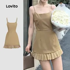 Lovito Vestido Elegante Tecido Costura Babado Alça de Ombro Ajustável Primavera/verão Caqui para Mulheres L171ED136