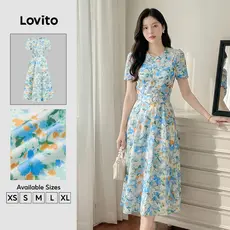 Lovito Padrão de Vestido Boho Vestido de Renda com Cinto para Primavera/verão para Mulheres L177ED253