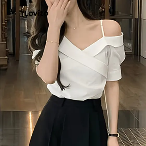 (Hot) Lovito Blusa Elegante Verão Ombro Frio Blusa Assimétrica Para Mulheres L121MD367