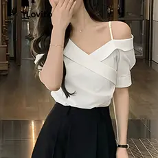 (Hot) Lovito Blusa Elegante Verão Ombro Frio Blusa Assimétrica Para Mulheres L121MD367