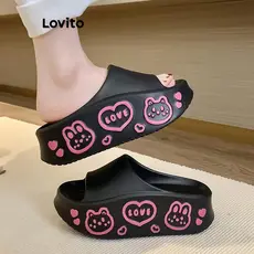 (Trendy) Lovito Sandálias planas casuais de desenho animado coração Colorblock para mulheres LFA69129