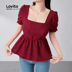 (Refine by Lovito) Blusa Boho Algodão Bordado Inglês Detalhe Alface Natal E Ano Novo Na Vermelha Mulheres LR21E014