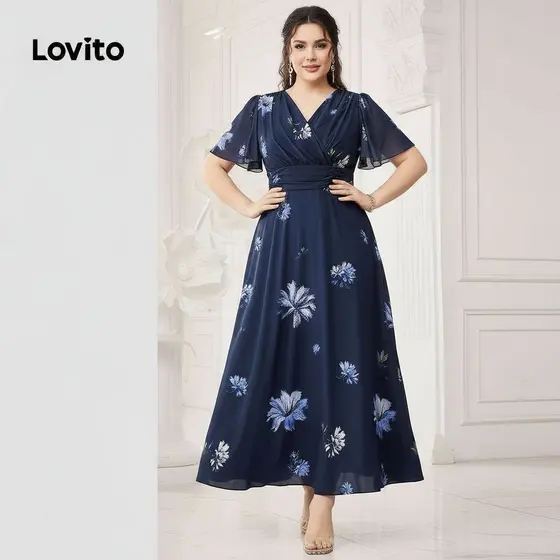 Lovito Vestido Feminino Plus Size Estampado Floral com Babados para Primavera/Verão
