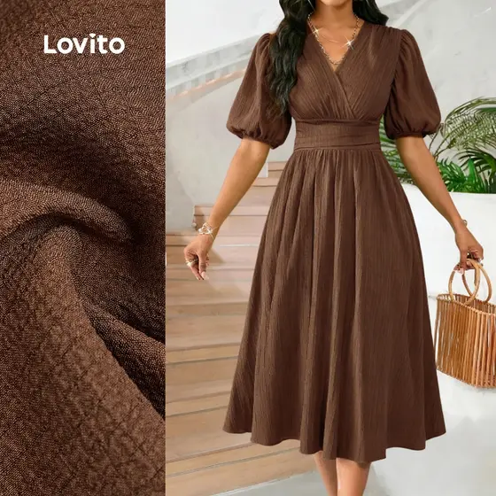 Lovito Vestido Elegante Espartilho com Zíper Primavera/verão Marrom para Mulheres LBL32182