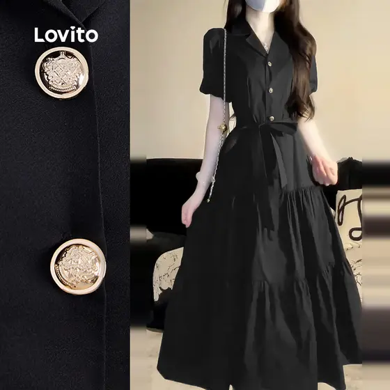 Lovito Vestido Elegante em Camadas com Metal Suspenso Primavera/verão Preto L142LD066