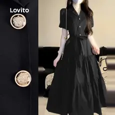 Lovito Vestido Elegante em Camadas com Metal Suspenso Primavera/verão Preto L142LD066