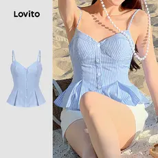 (New) Lovito Blusa Casual de Botões No Topo com Pregas Linha Estrutural Primavera/verão Azul para mulher L144AD031