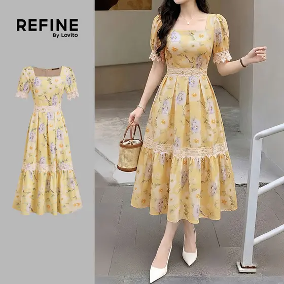 (Refine by Lovito) Vestido Boho Tecido Primavera/verão Amarelo Vestido para Mulheres LR38E005