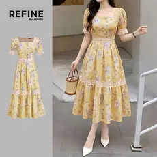 (Refine by Lovito) Vestido Boho Tecido Primavera/verão Amarelo Vestido para Mulheres LR38E005