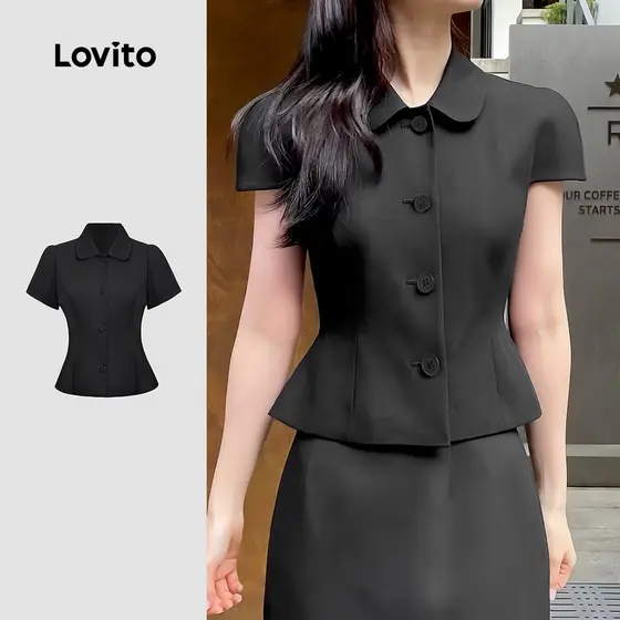 Lovito Blusa Elegante Clássica e Versátil com Textura de Botões Blusa Preta para Primavera/verão para Mulheres L144AD215
