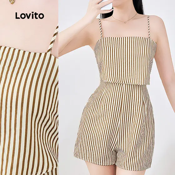 Lovito Macacão Boho com Zíper Primavera/verão Marrom para Mulheres L142ED148