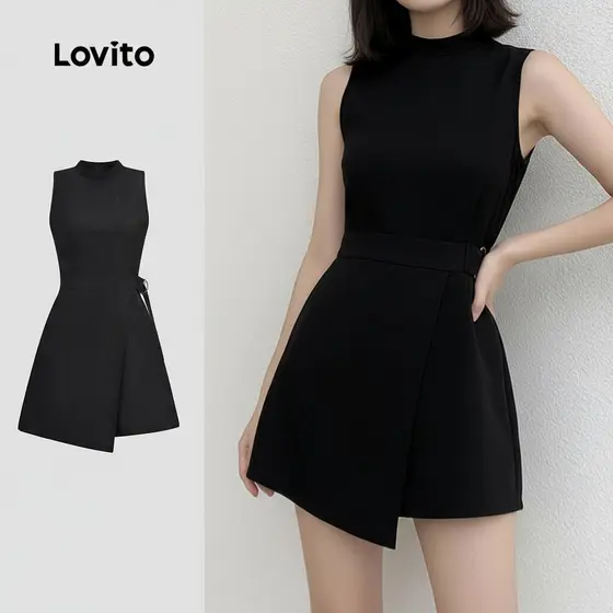 Lovito Macacão Feminino Casual Liso com Fivela de Metal Assimétrica em Preto para Primavera/Verão L135A2D274