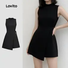 Lovito Macacão Feminino Casual Liso com Fivela de Metal Assimétrica em Preto para Primavera/Verão L135A2D274