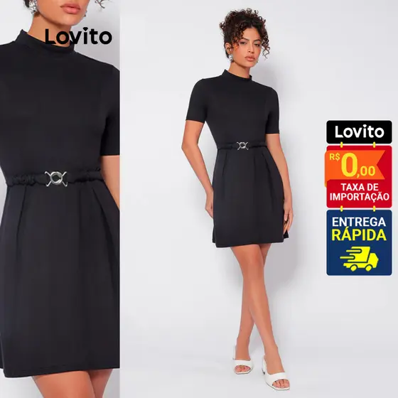 Lovito Vestido Modesto Liso com Fivela Feminino LB458BRL487