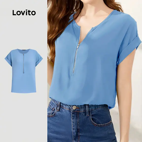 Lovito Blusa Casual com Zíper Primavera/verão Blusa Azul para Mulheres L171ED018