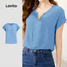 Lovito Blusa Casual com Zíper Primavera/verão Blusa Azul para Mulheres L171ED018