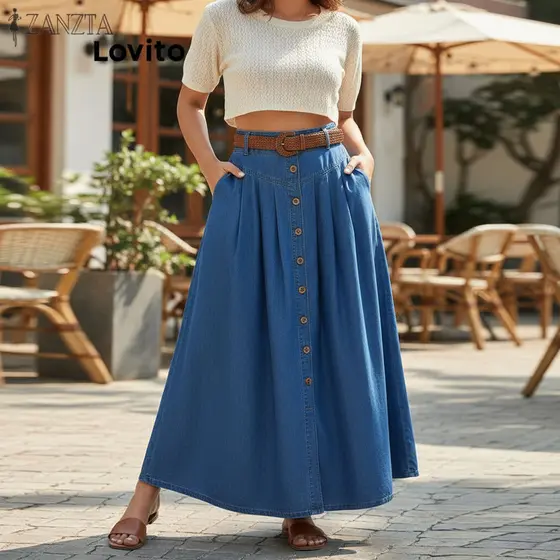 Lovito Saia Feminina Plus Size Lisa Botão Casual Curva LNL83250