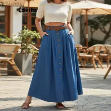 Lovito Saia Feminina Plus Size Lisa Botão Casual Curva LNL83250