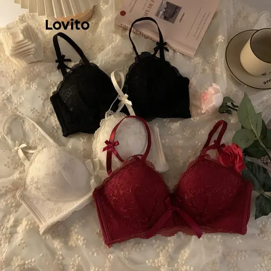 (Trendy) Lovito Bralette Sexy De Renda Lisa Com Laço Para Mulheres LNE50359