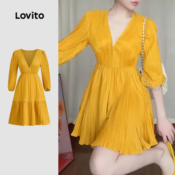 Lovito Vestido Elegante Com Babados E Bainha Jacquard Primavera/verão Vestido Amarelo Para Mulheres LB135LD306