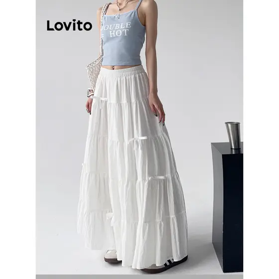 (Trendy) Lovito Saias Românticas Com Laço Liso E Babados Em Cascata Para Mulheres L98AD095