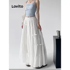 (Trendy) Lovito Saias Românticas Com Laço Liso E Babados Em Cascata Para Mulheres L98AD095