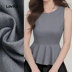 Lovito Top Elegante com Babados Na Parte Superior Linha Estruturada Cinza para mulheres. L171AD054