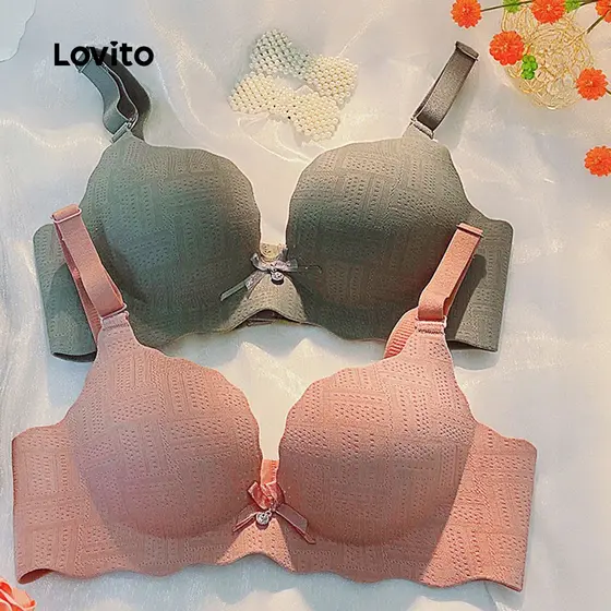 (NEW) Lovito Sutiã Elegante Bralette Confortável Sem Fio Push-up Laço Rosa para Mulheres LNE117012