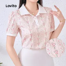 Lovito Blusa Elegante com Botão Bloco de Cores Macia e Confortável Blusa de primavera/verão L137ED688