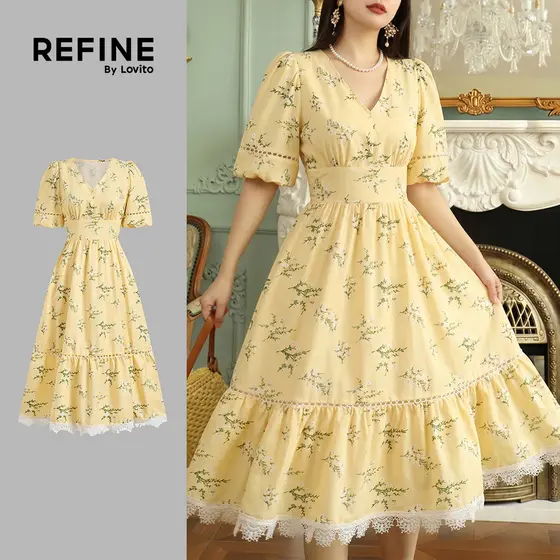 (Refine by Lovito) Vestido Elegante Amarelo Floral Zíper Gola Babados Camadas Primavera/verão Para Mulheres LR13L170