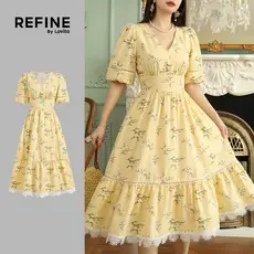 (Refine by Lovito) Vestido Elegante Amarelo Floral Zíper Gola Babados Camadas Primavera/verão Para Mulheres LR13L170