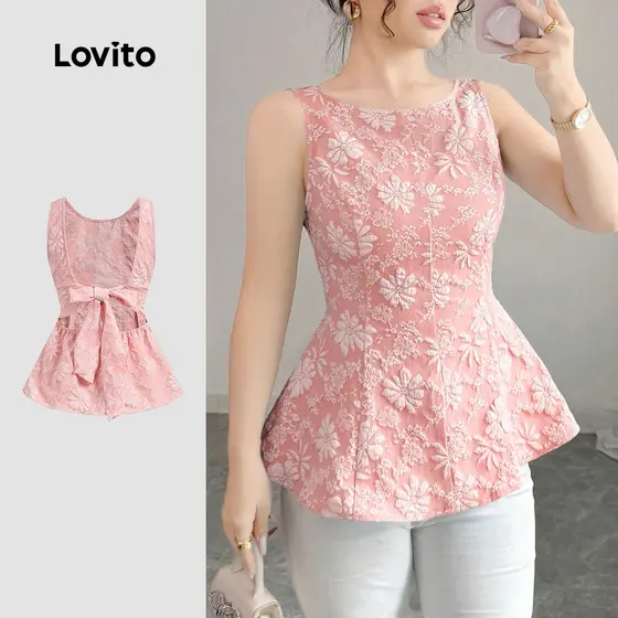 (New) Lovito Blusa Elegante de Jacquard com Laço Nas Costas Amarrada de Primavera/verão Rosa para mulheres L143ED406