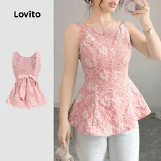 (New) Lovito Blusa Elegante de Jacquard com Laço Nas Costas Amarrada de Primavera/verão Rosa para mulheres L143ED406