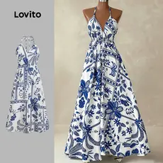 Lovito Vestido Boho Primavera/verão Vestido Azul para Mulheres LK3ED1525